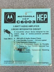 Motorola HEP C6003 1/4 watt audio amplifier linear integrated circuit.