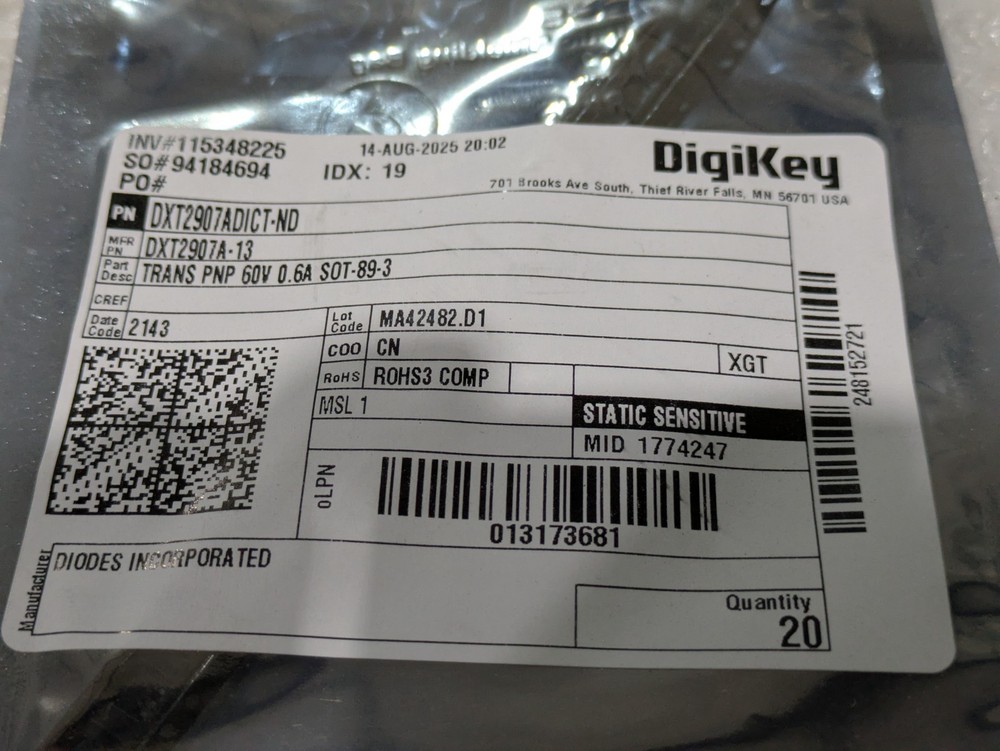 Diodes Inc DXT2907A-13 PNP Bipolar Transistor 60V 0.6A SOT-89 Bag of 20 New