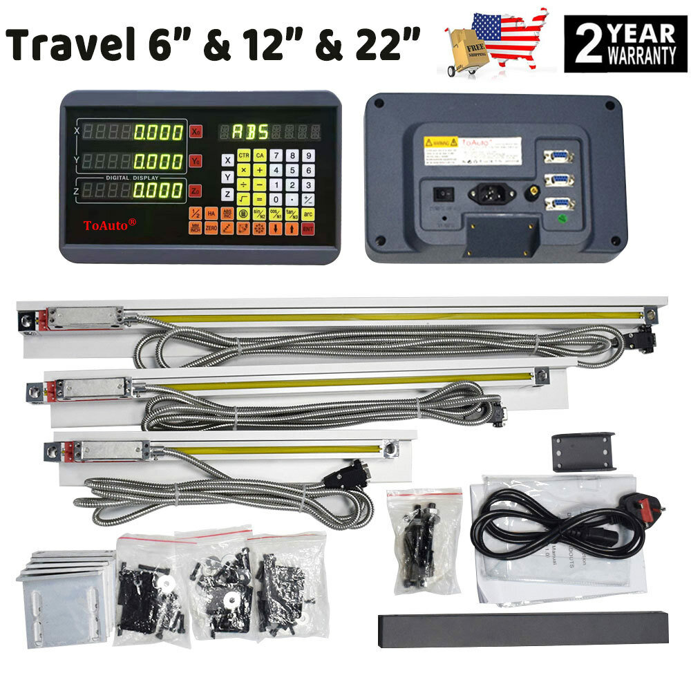 3pcs Linear Scales + 3 Axis Digital Readout DRO Display for Milling Lathe, US