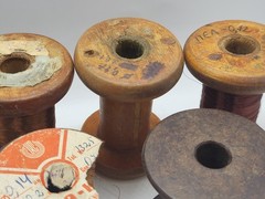 Vintage wooden spools with copper wire, 7 different pieces