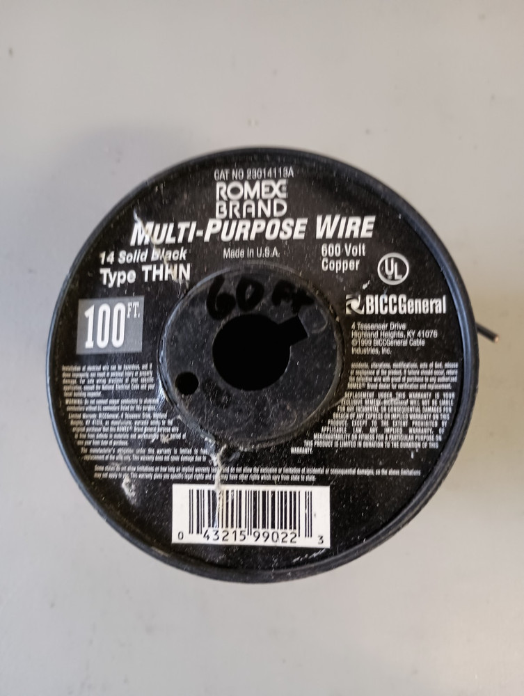 #14 Gauge Black Solid Copper Wire 60′ FT Roll THHN/THWN UL Listed – Black