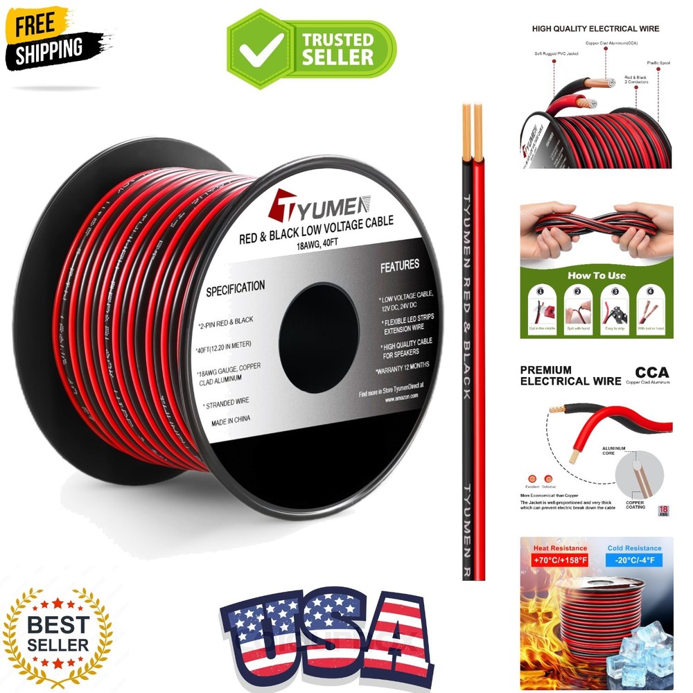 40FT 18 Gauge 2pin 2 Color Red Black Cable Hookup Electrical Wire LED Strips …