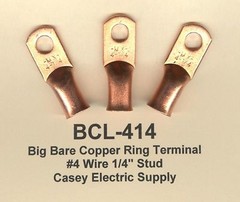 20 Big Bare Battery COPPER Ring LUG Terminal Connector #4 Wire Gauge 1/4″ Stud