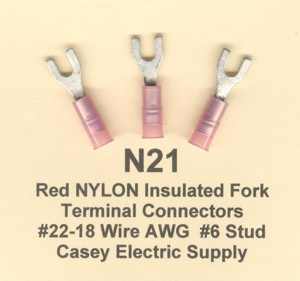 50 Red NYLON Insulated FORK SPADE Terminal Connectors #22-18 Wire #6 Stud USA