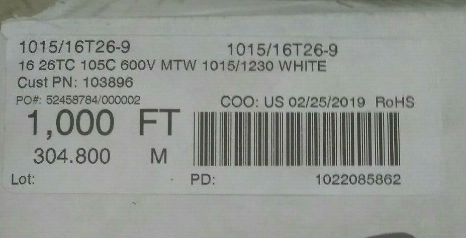 NEW 1015/16T26-9,16 26TC 105C 600V MTW 1015/1230 WHITE 1000FT