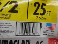STEEL ARMORED CABLE 12/2 BLACK/WHITE BOND WIRE GROUND 25 FT