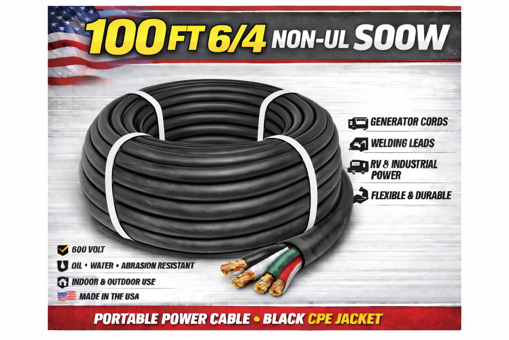 6/4 SOOW Portable Cord 100FT 600V Non UL Black Flexible Cable USA Made