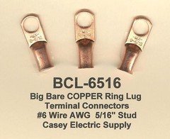 10 Bare Battery Big COPPER Ring Lug Terminal Connector #6 Wire Gauge 5/16″ Stud