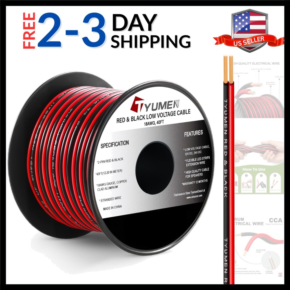 40FT 18 Gauge 2pin 2 Color Red Black Cable Hookup Electrical Wire LED Strips …