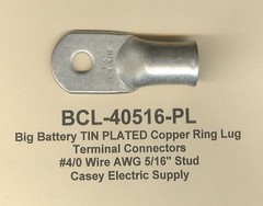 5 TIN PLATED Big Copper Lug RING Terminal Connectors #4/0 Wire Gauge 5/16″ Stud