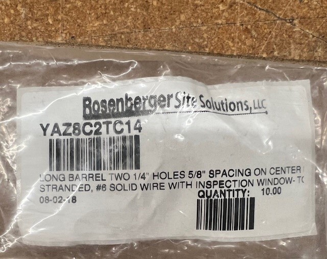 YAZ8C2TC14 Burndy #8 AWG Lug Two 1/4″ Holes, 5/8″ OC Long Barrel (10/pk)