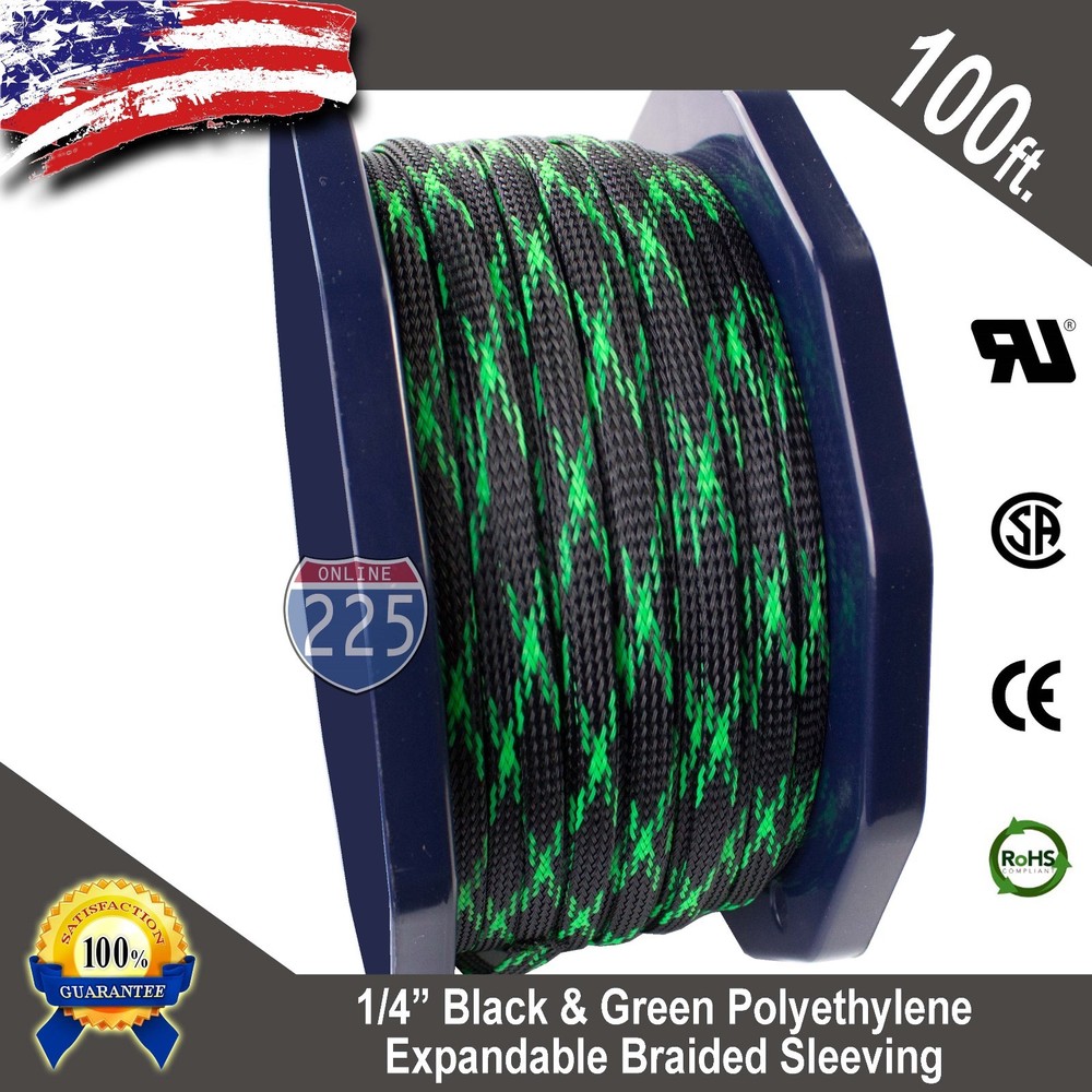 100 FT 1/4″ Black & Green Expandable Wire Sleeving Sheathing Braided Loom Tubing