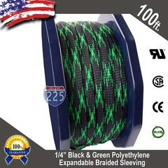 100 FT 1/4″ Black & Green Expandable Wire Sleeving Sheathing Braided Loom Tubing