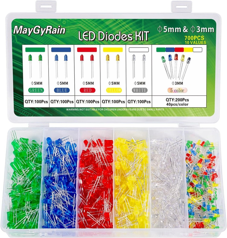3mm 5mm LED Diodes Kit 700 Piece 10 Values 5 Color Light Assortment Low Voltage