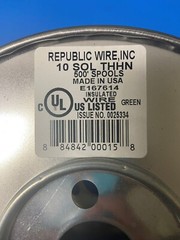 Republic Wire Inc 10 SOL THHN 500′ Green Solid Insulated Wire Spool