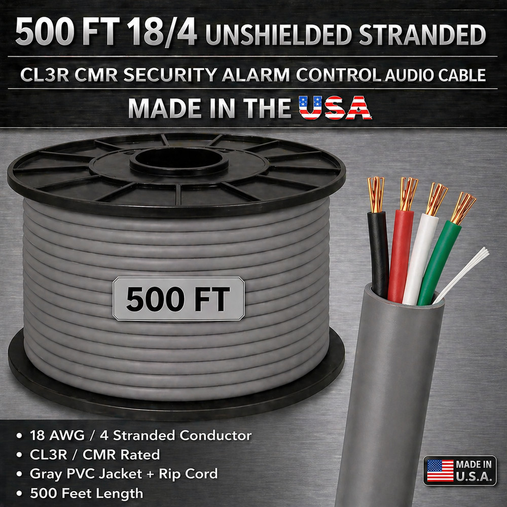 500FT 18/4 Unshielded Stranded CL3R CMR Security Alarm Control Audio Cable
