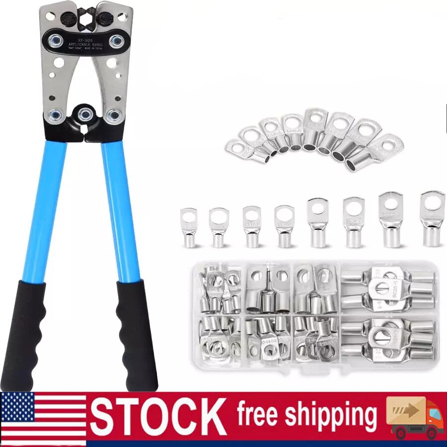 Battery Cable Lug Crimping Tool Heavy Duty 10-1 AWG W 60PC Copper Ring Terminal