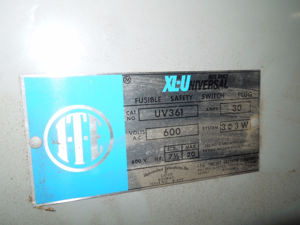 ITE UV361 30A 3ph 3W 600V XL-Universal Fusible Bus Plug New Surplus