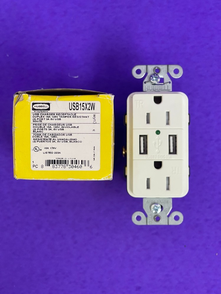 Hubbell USB15X2W USB Charger Receptacle Duplex 15A/125V 2 Port 3A/5V USB White