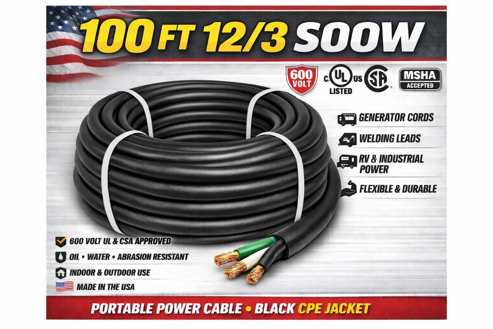 12/3 SOOW Portable Cord 100FT 600V UL CSA Black Flexible Cable USA Made