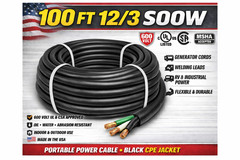 12/3 SOOW Portable Cord 100FT 600V UL CSA Black Flexible Cable USA Made