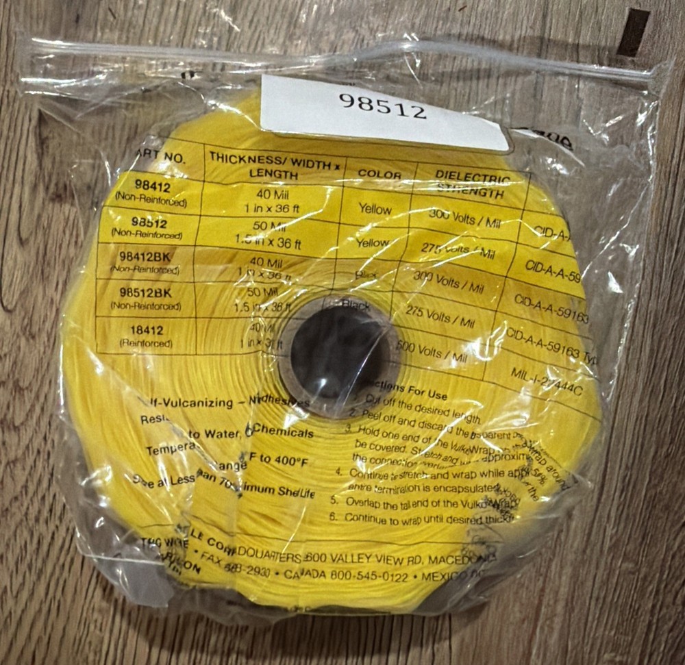 TPC Vulko-Wrap 98512 Self-Vulcanizing Insulating Wrap Yellow 1.5” X 36’ 50 Mil
