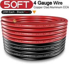 4 Gauge Wire (25ft Each- Black/Red) Copper Clad 50FT Wire, Black, Red