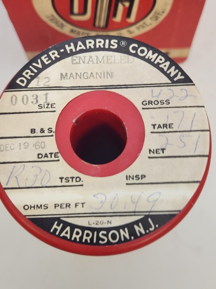 MANGANIN ENAMEL WIRE RESISTANCE WIRE , .0031, 40 AWG, 30.49 OHMS PER FT. 6.7G
