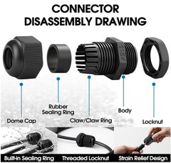 25 Pack Cable Gland Kit IP68 Waterproof Nylon PG7-PG16 Black