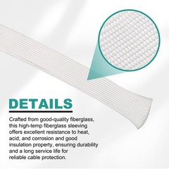 Braided Sleeving 6.6Ft x 0.39″ Fiberglass Braid Cable Sleeve for Home, White