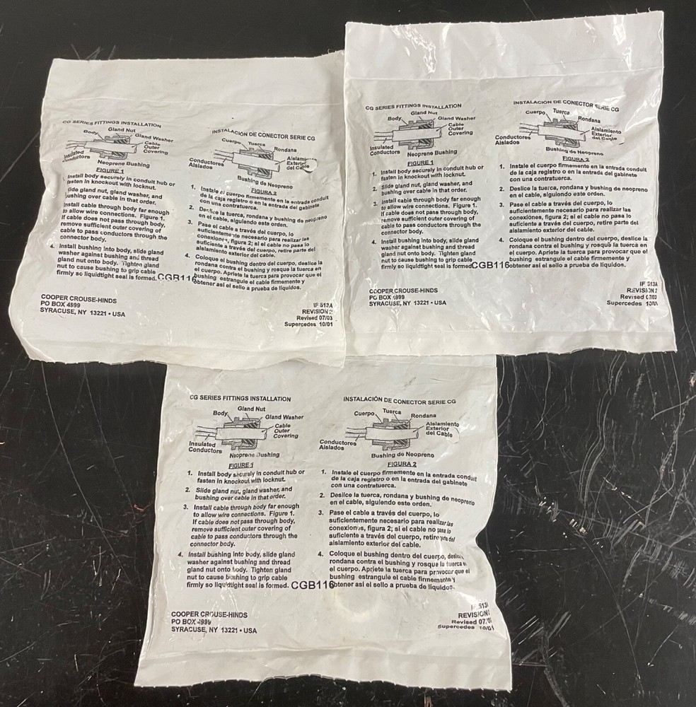 “NEW LOT OF 3” Eaton – #CGB116 – 1/2” NPT – Cable Dia. 1/4” thru 3/8″