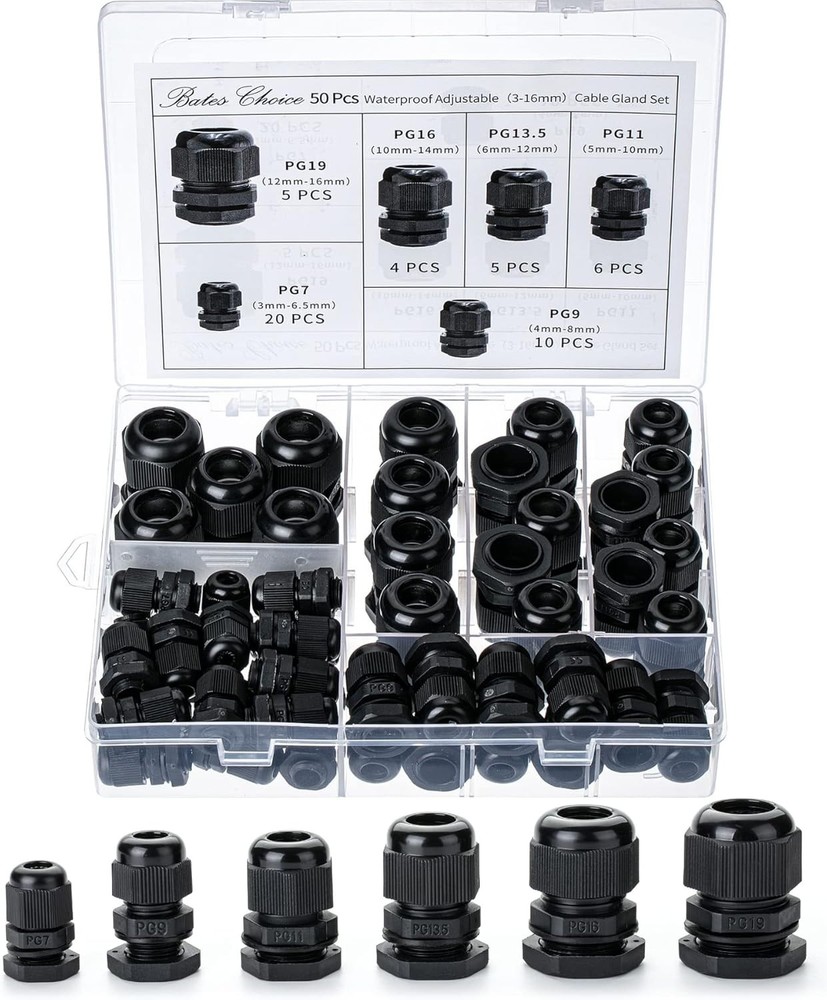 Bates- Nylon Cable Gland, 50 pcs, 3-16 mm Cable Gland Connectors, PG7, PG9, PG11