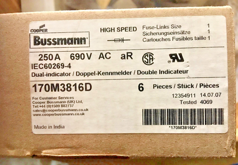 6PCS LOT-Eaton Bussmann 170M3816D high speed square body fuse 700V-690V/250A-NEW