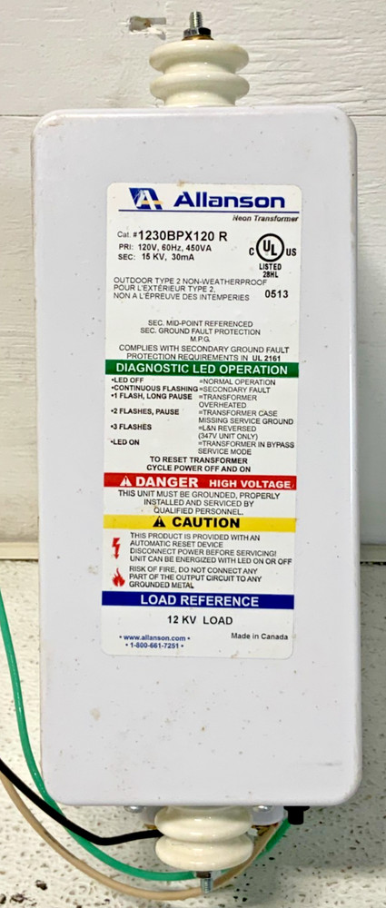 Allanson 1230BPX120R Neon Sign Transformer PRI: 120V Sec: 15KV 30mA 65B