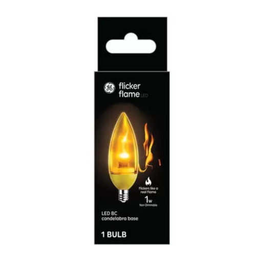 GE Lighting LED Bullet Shape Light Bulb, Flicker Flame, Candelabra Base 1 Watt