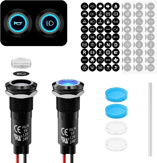 2Pcs LED Indicator Light Metal 180 Symbols 12V 24V Blue LED Light IP67