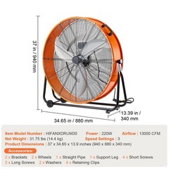 Drum Fan, 30 Inch High Velocity Industrial Shop Fan, Heavy Duty Commercial Use 3