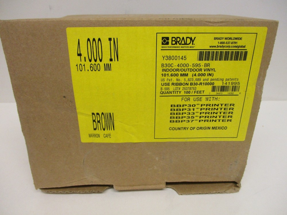 BRADY B30C-4000-595-BR CONTINUOUS INDOOR/OUTDOOR VINYL LABEL 4″ X 100FT BROWN