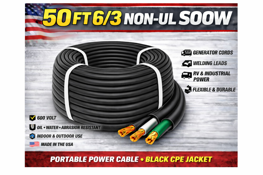 6/3 SOOW Portable Cord 50FT 600V Non UL Black Flexible Cable USA Made6/3 SOOW P