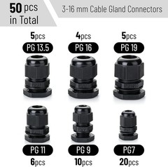 Bates- Nylon Cable Gland, 50 pcs, 3-16 mm Cable Gland Connectors, PG7, PG9, PG11
