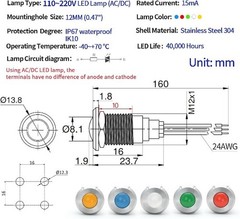 UL Listed 12mm 0.47 LED Indicator Light Indicator Light Waterproof IP67