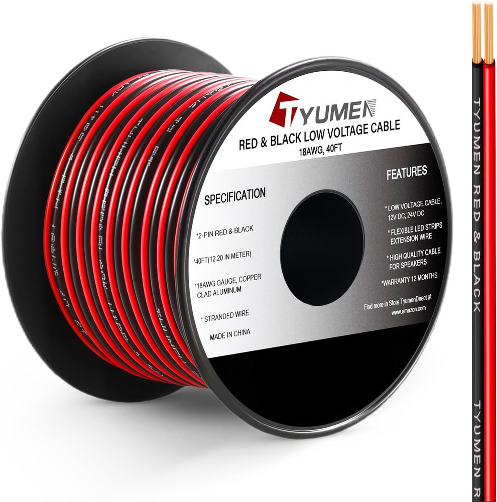 40FT 18 Gauge 2Pin 2 Color Red Black Cable Hookup Electrical Wire LED Strips Ext