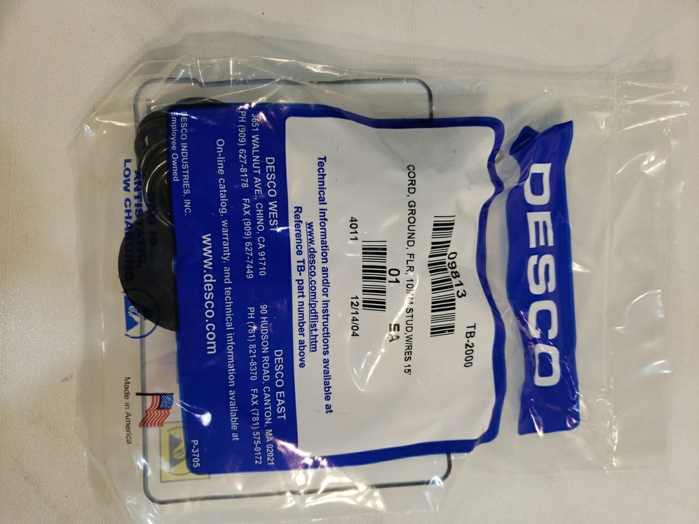 Desco 09813 Grounding Cord Floor Mat 10MM Stud W/Res 15ft TB-2000 Electrostatic