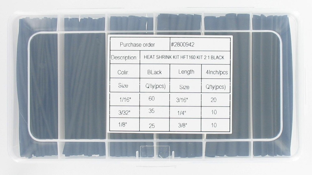 160 Pcs Pro-Kit 4″ Black Polyolefin 2:1 Halogen-Free Heat Shrink Tubing 6 Sizes