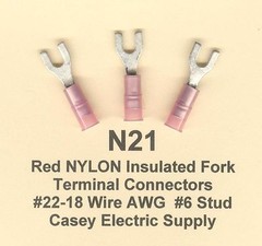 25 Red NYLON Insulated FORK SPADE Terminal Connectors #22-18 Wire #6 Stud USA