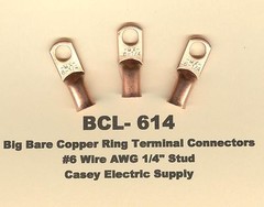 20 Bare Battery BIG COPPER LUG Ring Terminal Connector #6 Wire Gauge 1/4″ Stud