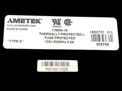 Brand-New 116630-18 Ametek High Speed Blower Thermally Protected L Fuse Type A