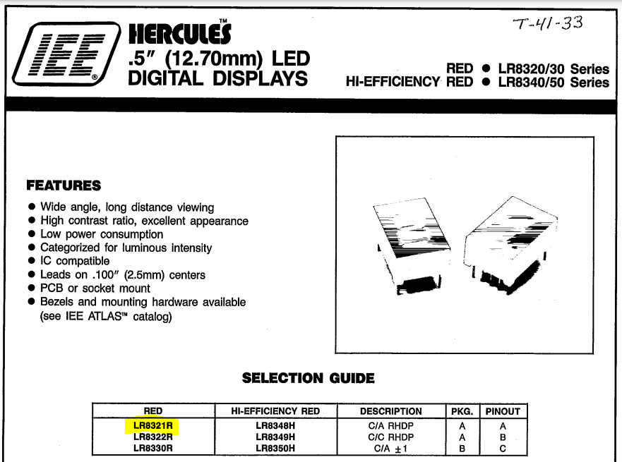 Lot of 4 – IEE – LR8321R – Opto Display. Hercules Numeric 7 Segment LED, 12.7mm.