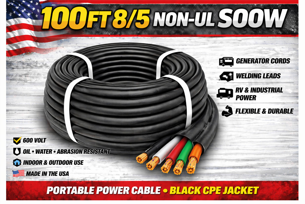 8/5 SOOW Portable Cord 100FT 600V Non UL Black Flexible Cable USA Made