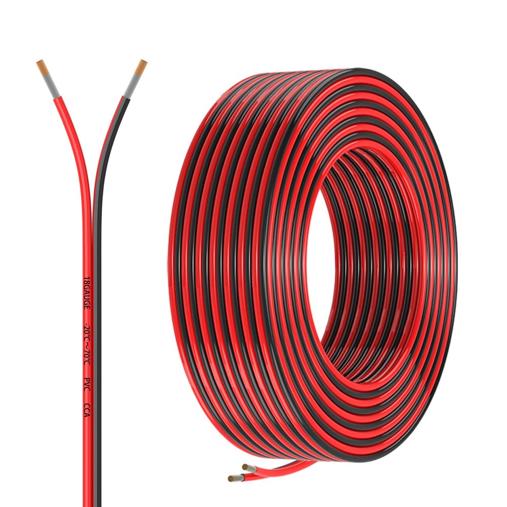 2 Conductor 18 Gauge Cable 30ft, Flexible PVC, Car Stereo LED, Red Black